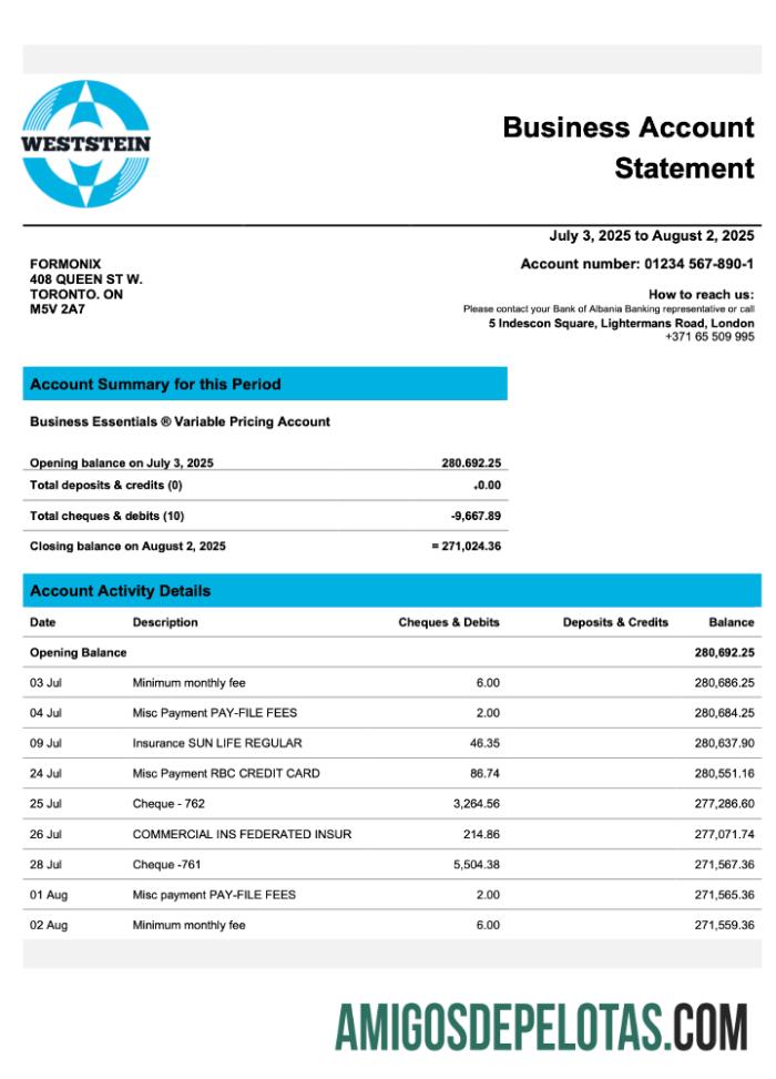 Baixável Reino Unido WestStein Organization Checking modelo de extrato de conta Word e PDF